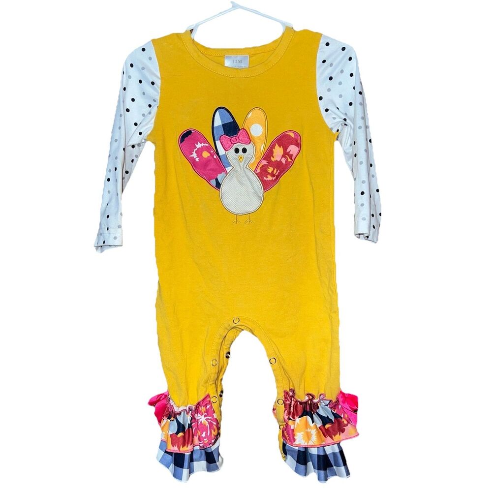 Boutique Baby Girls Thanksgiving Turkey Ruffle Romper Jumpsuit 12 Months